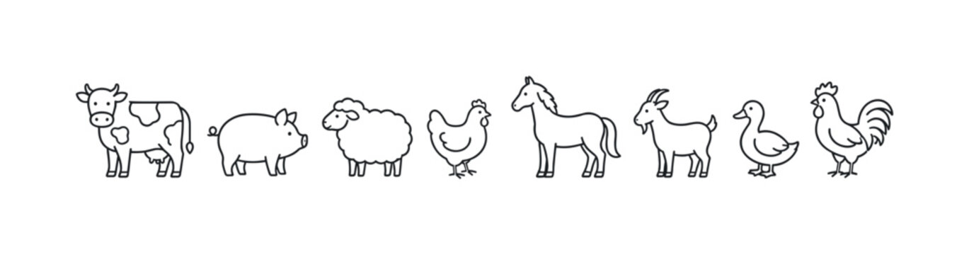 Collection of simple line art farm animals standing in a row on a white background