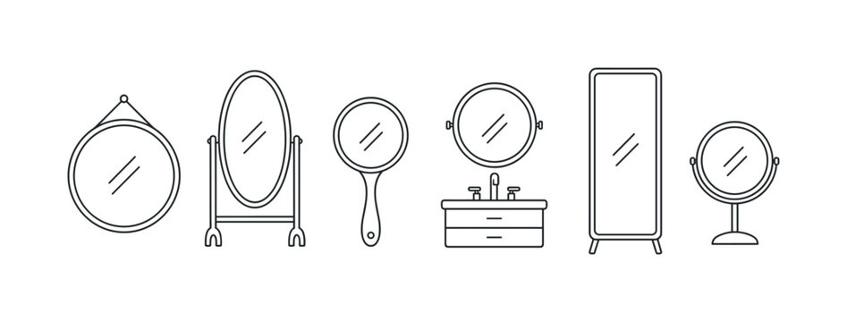 Collection of various mirrors in a clean line art style for design