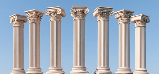 Fototapeta premium In bright daylight, traditional Greek columns with detailed carvings stand against a simple backdrop, highlighting cultural heritage.