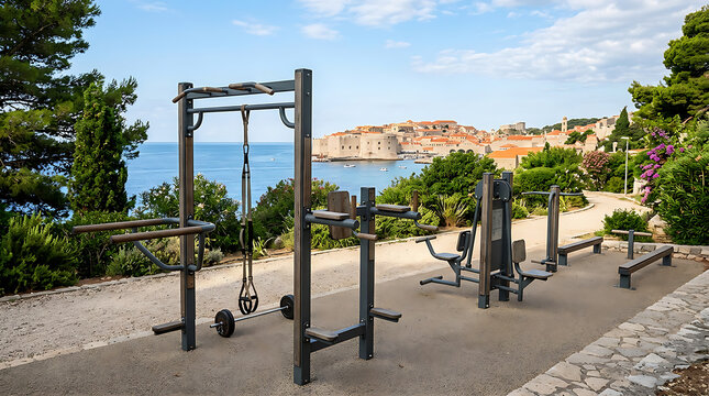 Outdoor gym equipment with scenic coastal view.