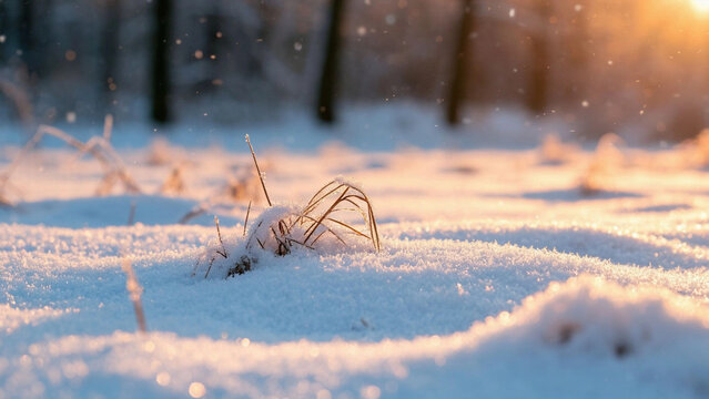 Macro close-up of dry frozen grass peeking through sparkling snow in warm morning sunlight.