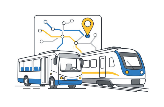 Public transportation options including bus and train with a route map