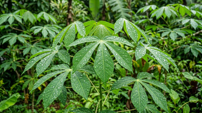 Fresh Cassava Plant Leaves with Water Droplets in Lush Green Rainforest