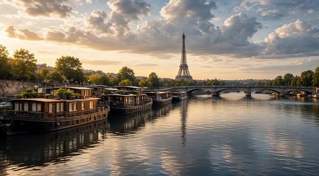 Sunset View of the Eiffel Tower Reflected in the Seine River with Moored Houseboats in Paris