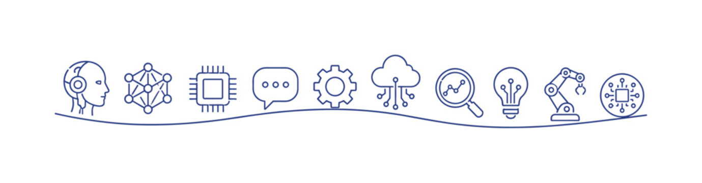 Digital transformation icons representing AI, data, and automation in technology