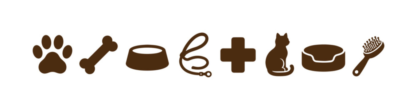 Collection of pet care icons including paw print, bone, bowl, leash, cross, cat, bed, and brush