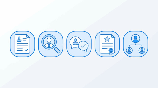 Recruitment icons displayed in blue outlines representing various human resources stages and employment procedures.
