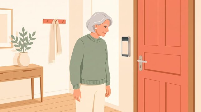 confident senior woman using smart doorbell security system at home flat illustration - ai generated