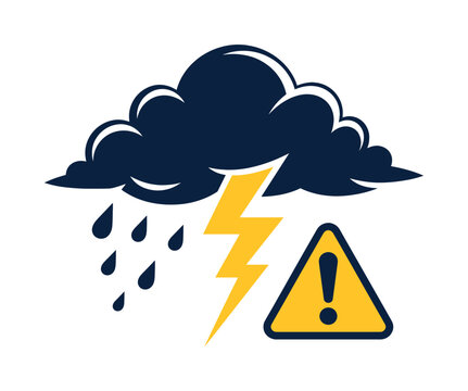 Dark storm cloud with rain, lightning bolt, and warning sign
