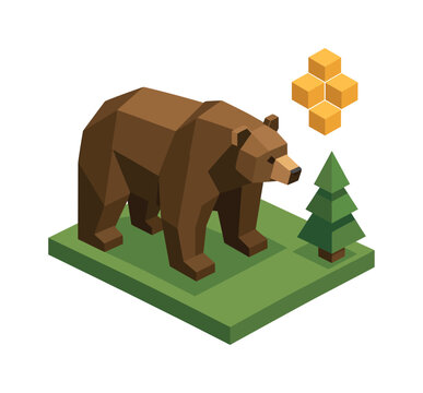 Geometric brown bear stands on green grass near a pine tree and honeycomb