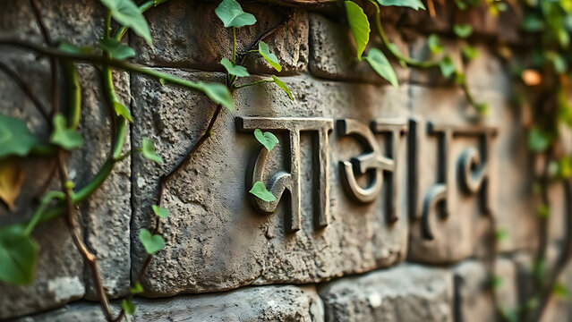 Natural vines growing on an ancient wall forming elegant script curves.