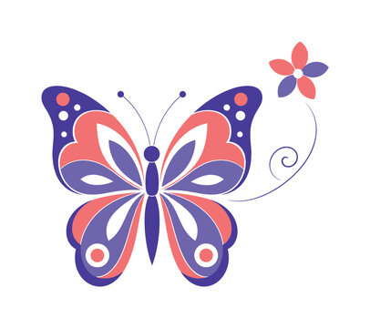 Stylized butterfly with intricate patterns and a small flower in vibrant purple and coral