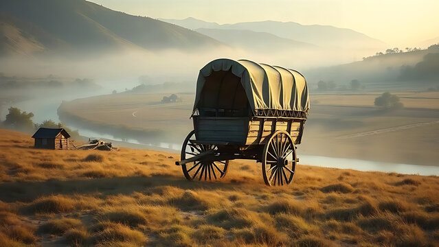 Covered wagon in a river valley at dawn, soft mist and warm light over the plains.