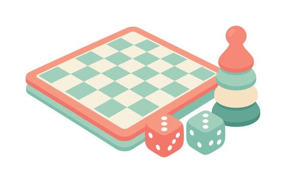 Isometric board game elements including a checkerboard, dice, and stacking pieces