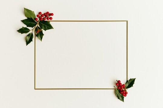 Elegant Golden Christmas Frame with Fir Branches and Red Holly Berries Holiday Border