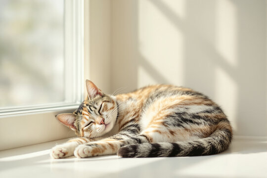 Cute calico tabby cat sleeping peacefully on a sunny windowsill in warm daylight