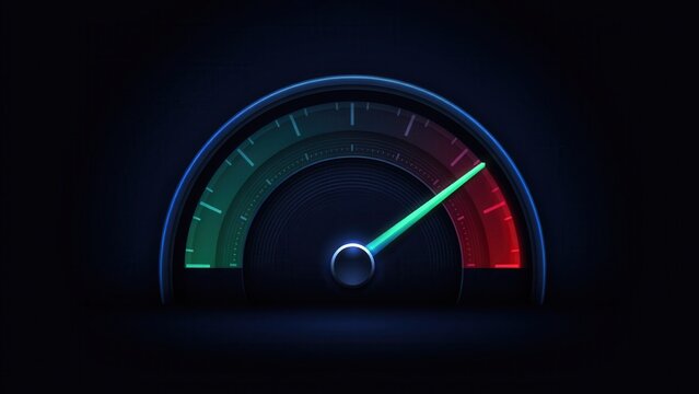 A glowing speedometer dial showing a needle moving toward the red zone against a dark background. Concept for performance measurement and risk management analysis.