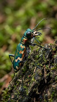 Iridescent tiger beetle perched on mossy tree bark in nature