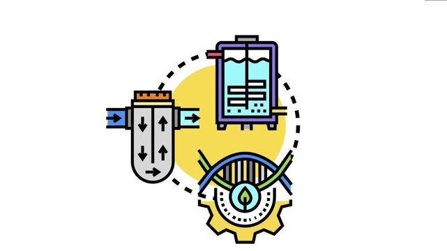 Diagram the biological process of creating substances. Including an industrial reactor. A purification filter
