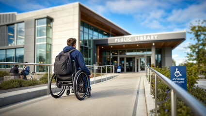 Obraz premium A young man in a wheelchair uses an outdoor accessibility ramp to enter a modern public library, illustrating the concept of inclusive education and equal access for students with disabilities.