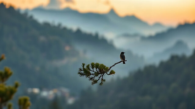 A serene mountain valley at dusk with a bird on a pine branch, sound waves visualized in misty air.