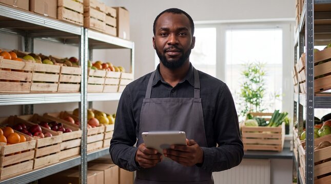 Grocery warehouse supervisor using tablet inventory management stockroom employee reviewing supply data on device for efficient distribution center oversight and streamlined backroom logistics