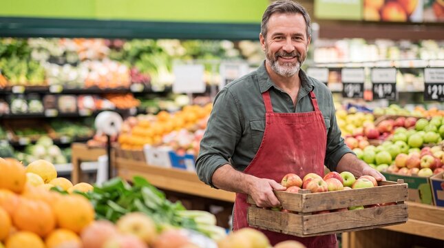 Grocery worker carrying wooden crate mixed apples supermarket employee holding fresh fruit harvest for produce department restocking and wholesome seasonal fruit supply chain retail operations