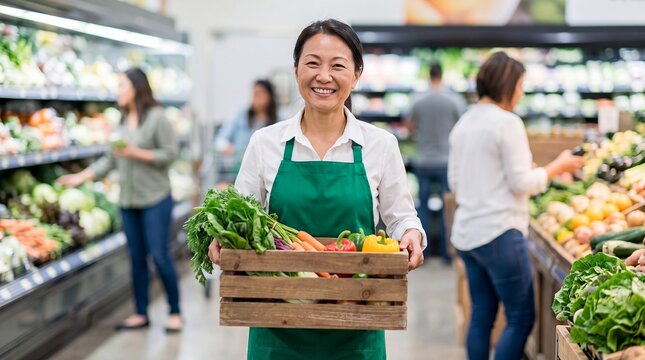 Grocery worker carrying fresh vegetables basket store employee transporting organic produce for restocking healthy food display and efficient sustainable retail supply chain department operations