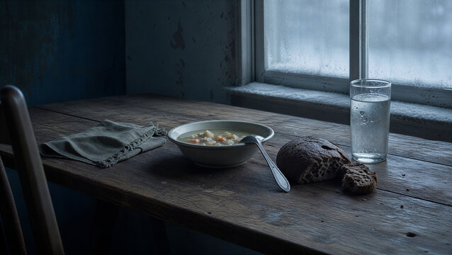 Rustic winter meal on a wooden table. Bowl of hot soup with dark bread and a glass of water by a frosty window. Still life of an empty dining setting