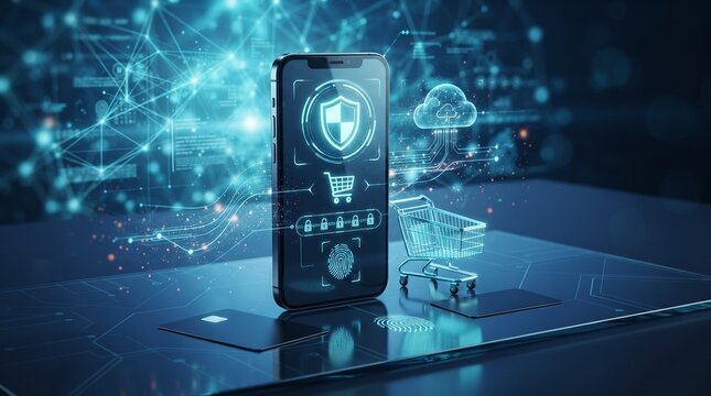 Digital consumer rights concept featuring smartphone, privacy shield, secure payment card, lock, cloud data, and ecommerce technology.