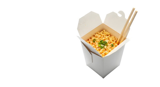Delicious asian noodle dish in a takeout box with chopsticks isolated on transparent background