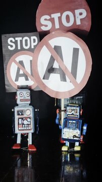 Retro robots protesting with stop AI signs 