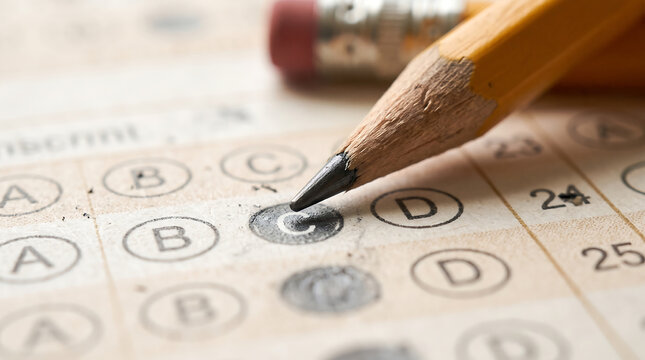 Macro photography of pencil tip over bubble sheet for exam, answering question on test paper with multiple choice options, educational assessment.