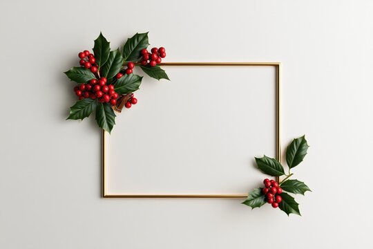 Elegant Golden Christmas Frame with Fir Branches and Red Holly Berries Holiday Border