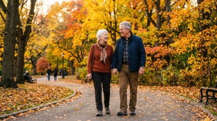 Fototapeta premium Elderly couple walking hand-in-hand in a park during autumn with colorful fall foliage.