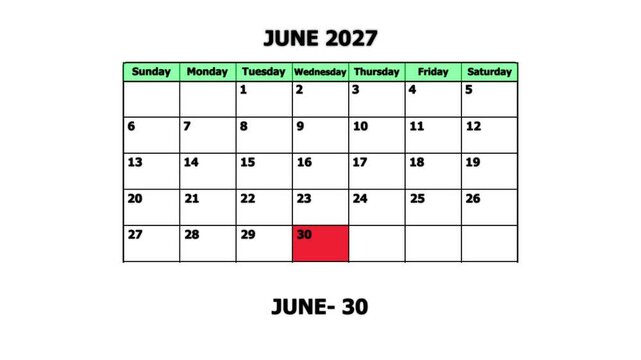 June 2027 calendar page with highlighted date june 30 deadline concept schedule