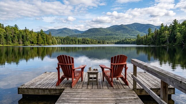 Red lifeguard chairs by calm lake with buildings in background