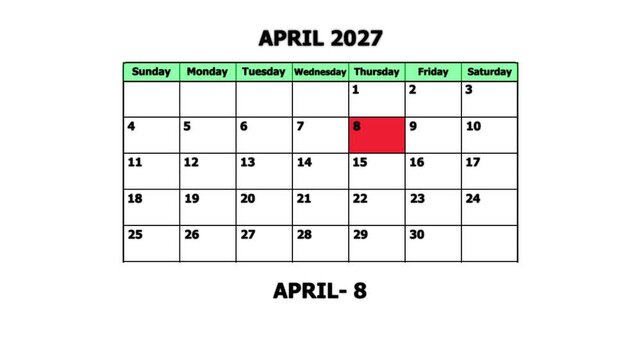 April 2027 calendar page highlighted with april 8th date marked for planning and scheduling schedule