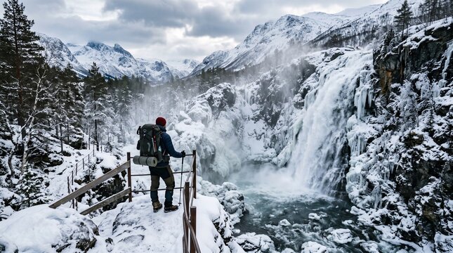 Man hiking with backpack in snowy mountain village