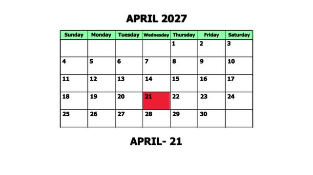 April 2027 calendar page with highlighted date april 21st for planning and scheduling schedule