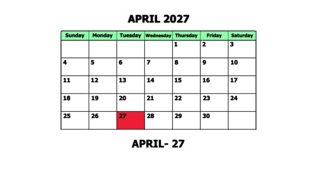 April 2027 calendar page with highlighted date 27th planning and scheduling concept schedule