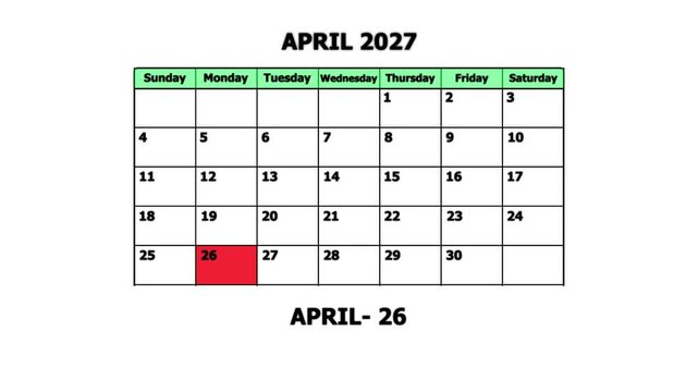 April 2027 calendar page with highlighted 26th date planning and scheduling concept schedule