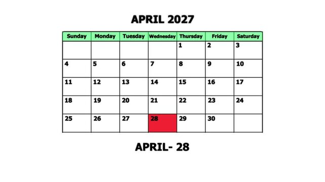 April 2027 calendar page with highlighted date april 28th planning and scheduling concept schedule
