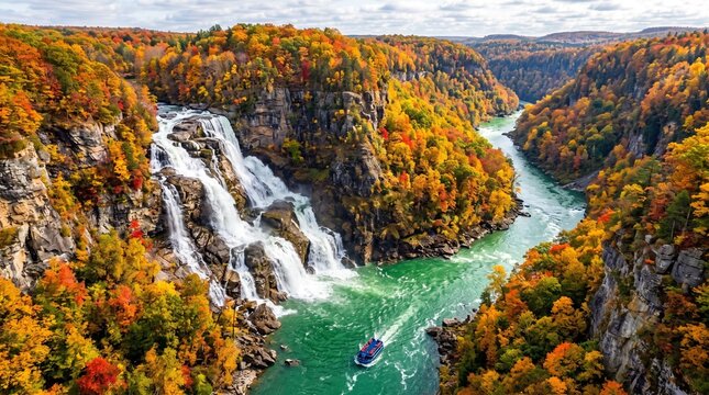 Waterfall flowing through colorful pixel art landscape with river