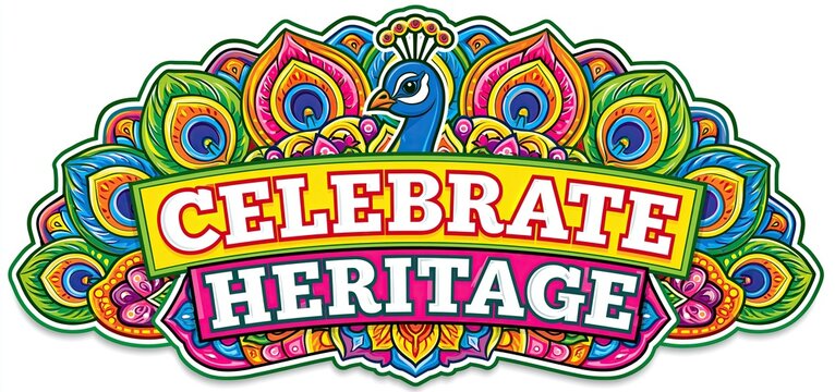 A colorful peacock design featuring detailed patterns and a "Celebrate Heritage" message, perfect for cultural and patriotic celebrations.