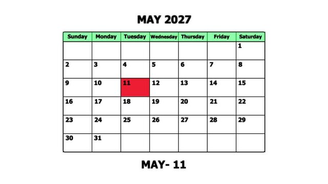 May 2027 calendar page with highlighted date may 11th for planning and scheduling schedule