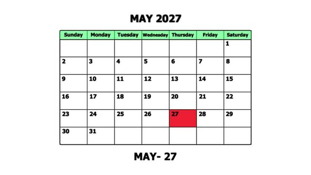 May 2027 calendar page with highlighted date may 27th for planning and scheduling schedule