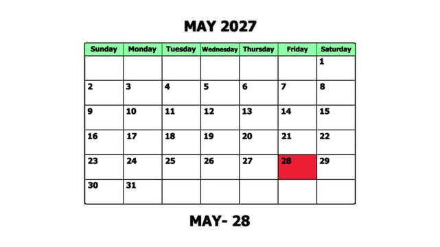 May 2027 calendar page with highlighted friday may 28th date for planning and scheduling schedule