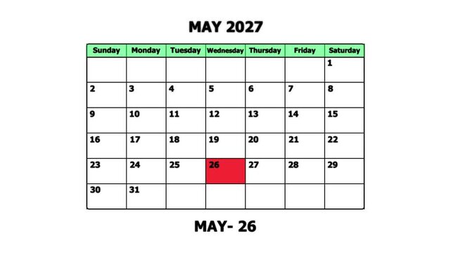 May 2027 calendar page with highlighted date may 26th for planning and scheduling schedule