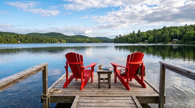 Bright red chairs on wooden dock by calm lake with trees